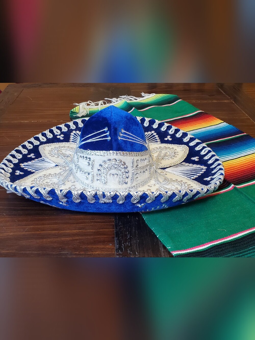 Blue Youth Sized Embroidered Mexican Sombrero Hat and Serape